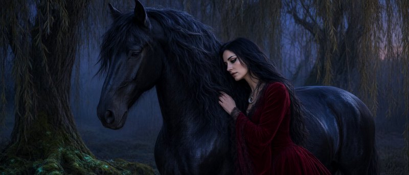Gothic woman in a deep red gown rests gently against a large black stallion in a misty twilight willow forest