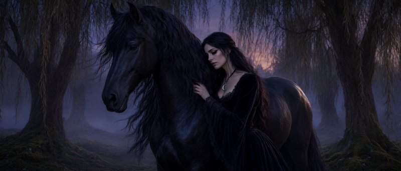 Gothic woman in a black gown rests against a long-maned black horse in a misty willow forest at purple twilight
