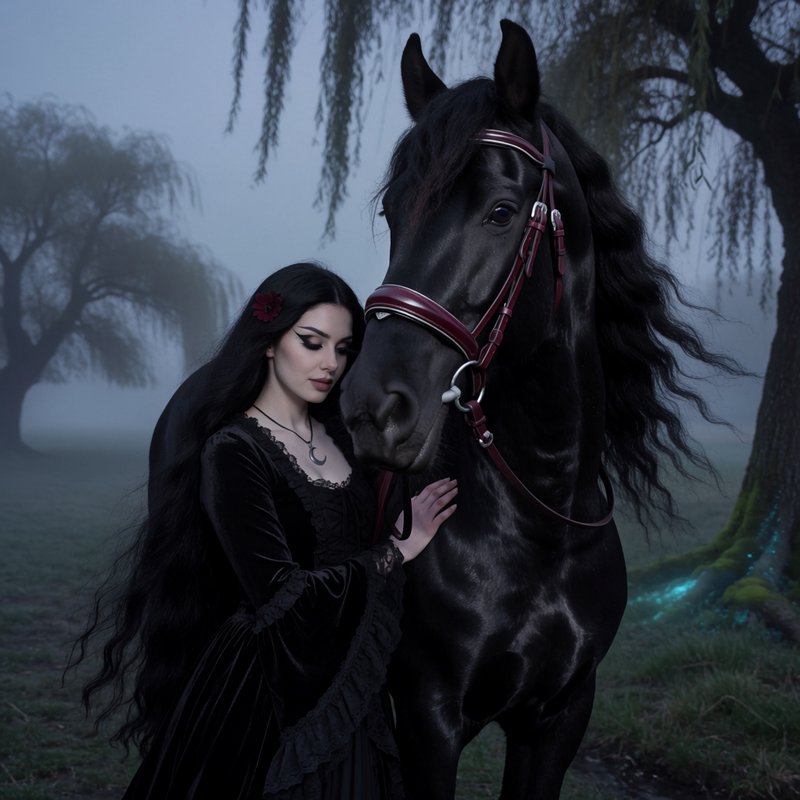 Cinematic medium shot, golden foggy hour dusk lighting with deep indigo twilight glow. Glossy jet-black Friesian horse stands regally, coat catching faint silver moonlight highlights along muscular ripples, long wavy mane catching cool breeze. Beside him, gothic woman with raven waist-length hair leans gently against his shoulder, sharp winged eyeliner, deep black velvet gown with lace trim, flowy sleeves silver moon pendant resting at her throat, soft somber affectionate expression. Misty ancient willow grove background, bioluminescent moss at roots. Rich deep palette of obsidian, burgundy, indigo, faint silver. Photorealistic 4K, sharp fine detail, atmospheric soft depth of field, moody romantic gothic aesthetic, Rembrandt inspired chiaroscuro lighting.