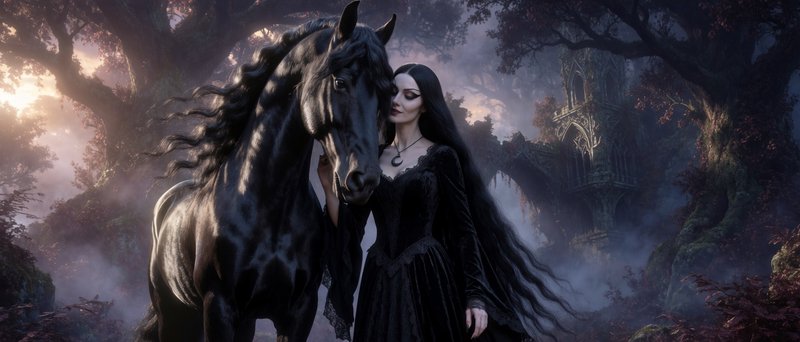 Cinematic medium shot, golden foggy hour dusk lighting with deep indigo twilight glow. Glossy jet-black Friesian horse stands regally, coat catching faint silver moonlight highlights along muscular ripples, long wavy mane catching cool breeze. Beside him, gothic woman with raven waist-length hair leans gently against his shoulder, sharp winged eyeliner, deep black velvet gown with lace trim, flowy sleeves silver moon pendant resting at her throat, soft somber affectionate expression. Misty ancient willow grove background, bioluminescent moss at roots. Rich deep palette of obsidian, burgundy, indigo, faint silver. Photorealistic 4K, sharp fine detail, atmospheric soft depth of field, moody romantic gothic aesthetic, Rembrandt inspired chiaroscuro lighting.