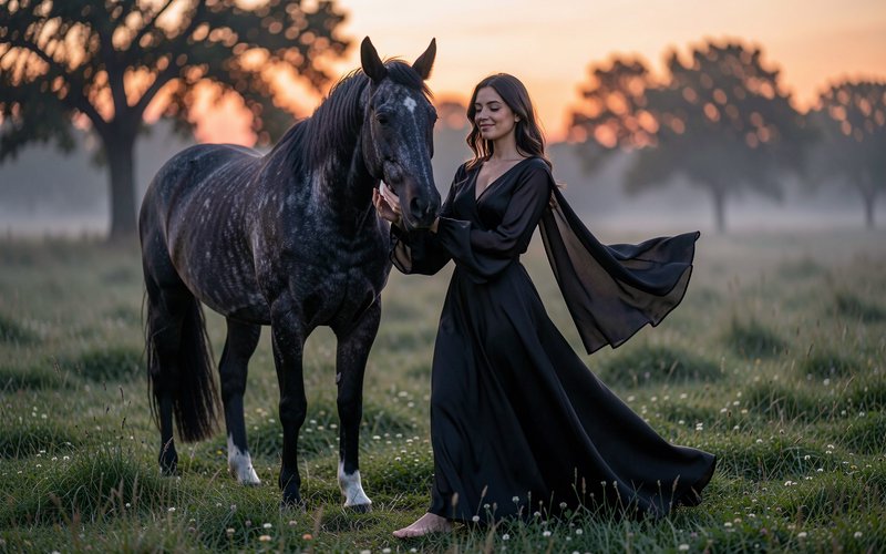 Medium shot, golden hour dusk. Regal Chalk Noir black beauty horse with iridescent midnight coat, soft dappled light catching fine velvet fur texture, white star marking on forehead, calm intelligent eyes. Beside her, a woman in a floor-sweeping flowy black silk gown with draped long sleeves that billow gently in cool evening breeze, bare feet resting on dewy wild clover, one gentle hand resting on the horse’s neck, soft quiet smile. Soft warm side lighting, deep indigo and burnt amber colour palette, misty meadow background with distant oak trees silhouetted against fading sunset. Sharp fine detail, 4K resolution, shallow depth of field, quiet intimate atmosphere.