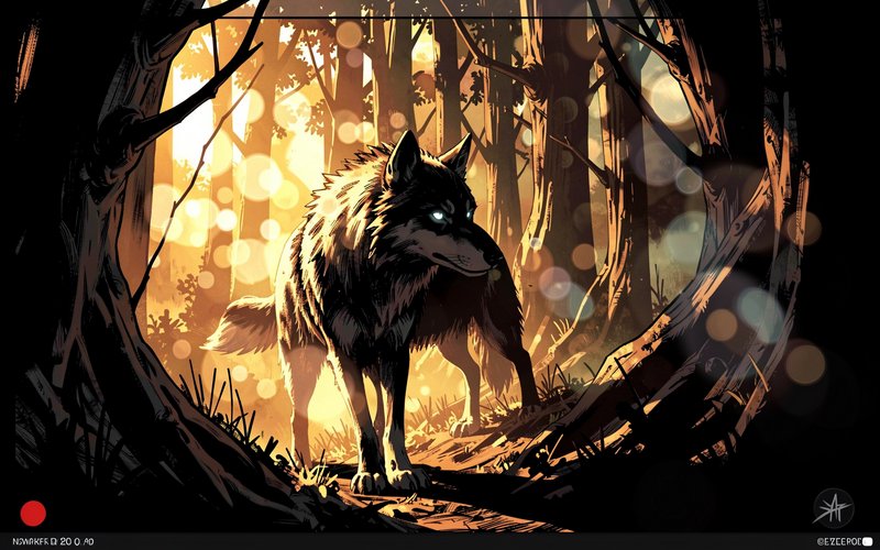 [Menacing wolf with glowing pale eyes stands in a sun-dappled golden forest, dramatic comic illustration style]
