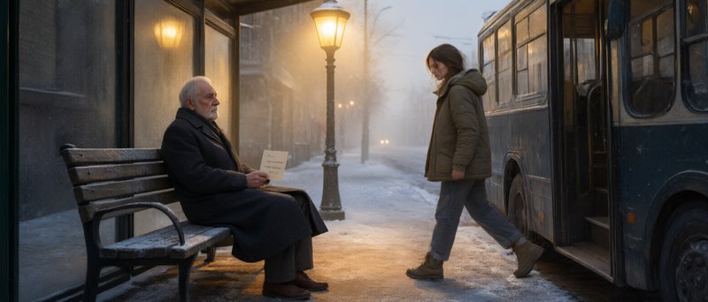 Elderly man sits on a snow-dusted bus stop bench holding a letter as a young woman exits a vintage bus on a foggy winter