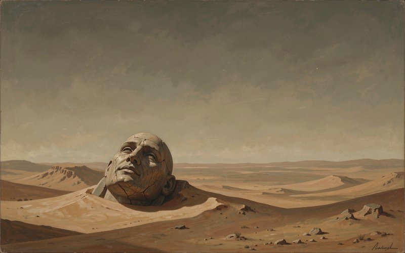 Surreal oil painting of a giant cracked stone human head half-buried in rolling desert sand under a hazy overcast sky.