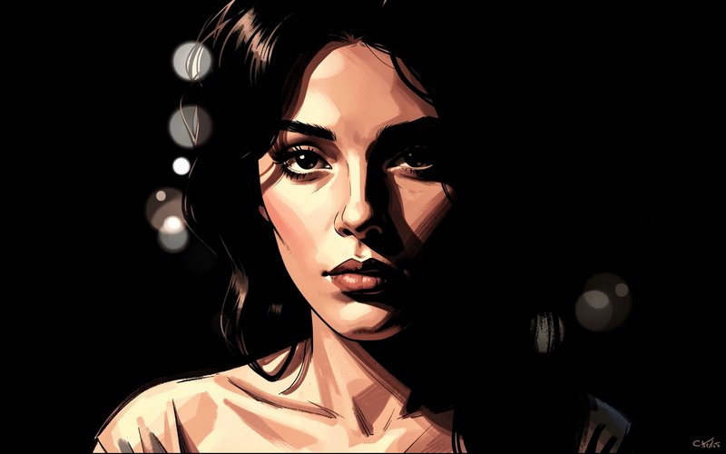 [Comic-style portrait of a woman with dark wavy hair, dramatic side lighting, set against a black background with soft bok...