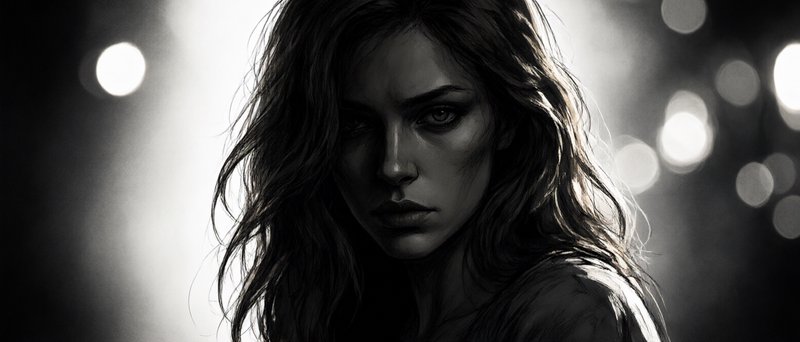 [High contrast black and white portrait of an intense woman with wavy hair, rim lit against soft bokeh stage lights]