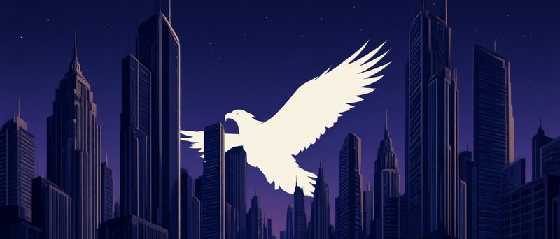 [Glowing white eagle in flight soars above art deco skyscraper skyline under a starry purple night sky]