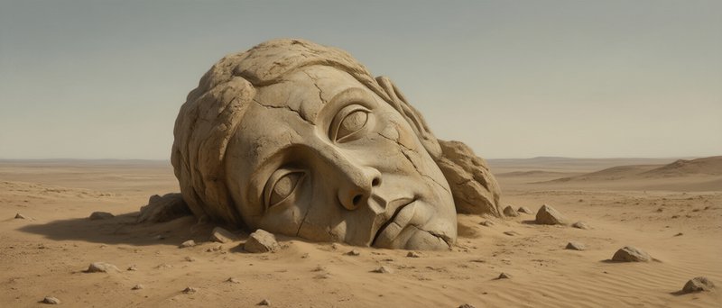 [Giant weathered cracked classical stone head sculpture half-buried in sandy desert under a pale hazy sky]