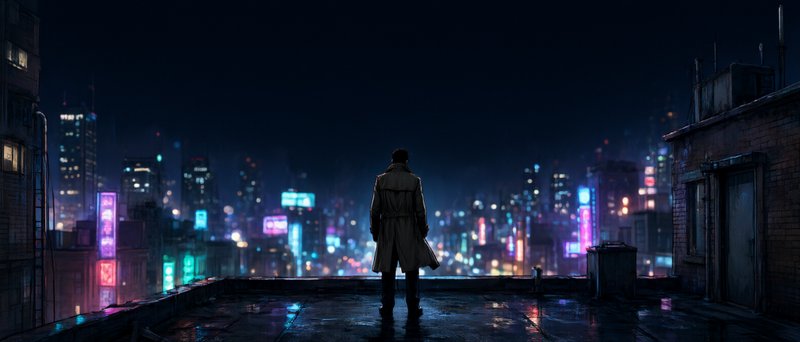 Silhouetted man in a trench coat stands on a wet rooftop overlooking a glowing neon cyberpunk city skyline at night.