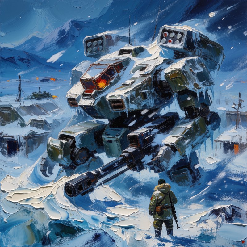 Thick impasto oil painting, heavy palette knife texture with visible raised paint ridges. Colossal Arctic war mech crouched on wind-scoured ice, layered ablative armor crusted with frost, shoulder missile pods half-buried in snow, heavy anti-material cannon braced against the permafrost. Background: half-buried frozen military outpost, jagged snow-capped mountain peaks under polar twilight. Deep indigo, frost white, gunmetal gray and burnt orange cockpit glow palette. Dramatic low-angle wide shot, soft blue twilight rim lighting, wind-blown snow drifts catching faint light. Gritty industrial sci-fi aesthetic, sharp textured brushwork, 4K fine art detail, dramatic atmospheric perspective.
