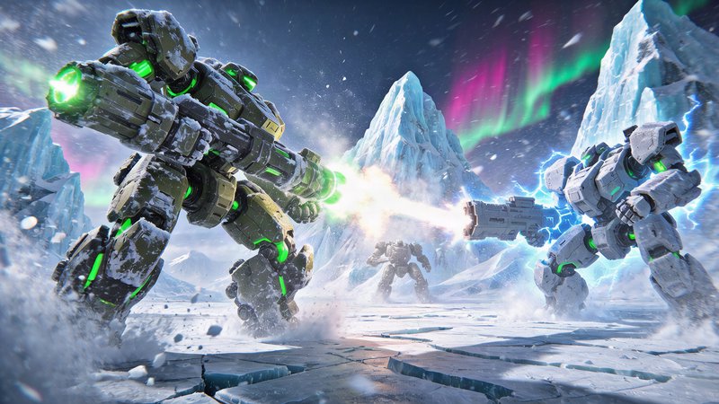Cinematic action low-angle wide shot of towering arctic war mechs wearing massive armor weapons clashing in an explosive twilight showdown across wind-scoured glacial ice. Frost-caked titanium armor, glowing neon green hydraulic vents, and crackling neon blue plasma weapons cutting through swirling blizzard snow. Nighttime Northern hemisphere arctic aurora borealis sky bleeding neon pink over ice peaks, backlit mech silhouettes throwing long shadows across cracked frozen tundra. Photorealistic, 8K sharp detail, gritty military sci-fi aesthetic, dynamic motion blur, ice spray and drifting snow particles catching light, distant aurora streaking the deep indigo sky.