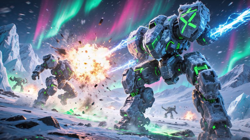 Cinematic action low-angle wide shot of towering arctic war mechs clashing in an explosive twilight showdown across wind-scoured glacial ice. Frost-caked titanium armor, glowing neon green hydraulic vents, and crackling neon blue plasma weapons cutting through swirling blizzard snow. Nighttime Northern hemisphere arctic aurora borealis sky bleeding neon pink over ice peaks, backlit mech silhouettes throwing long shadows across cracked frozen tundra. Photorealistic, 8K sharp detail, gritty military sci-fi aesthetic, dynamic motion blur, ice spray and drifting snow particles catching light, distant aurora streaking the deep indigo sky.