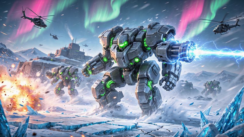 Cinematic action wide shot of in the distance military base structure  flying military helicopters towering arctic war mechs wearing massive armor weapons clashing in an explosive twilight showdown across wind-scoured glacial ice. Frost-caked titanium armor, glowing neon green hydraulic vents, and crackling neon blue plasma weapons cutting through swirling blizzard snow. Nighttime Northern hemisphere arctic aurora borealis sky bleeding neon pink over ice peaks, backlit mech silhouettes throwing long shadows across cracked frozen tundra. Photorealistic, 8K sharp detail, gritty military sci-fi aesthetic, dynamic motion blur, ice spray and drifting snow particles catching light, distant aurora streaking the deep indigo sky.
