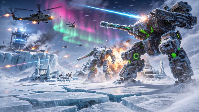Cinematic action wide shot of in the distance military base structure  flying military helicopters shooting at towering arctic war mechs wearing massive armor weapons clashing in an explosive twilight showdown across wind-scoured glacial ice. Frost-caked titanium armor, glowing neon green hydraulic vents, and crackling neon blue plasma weapons cutting through swirling blizzard snow. Nighttime Northern hemisphere arctic aurora borealis sky bleeding neon pink over ice peaks, backlit mech silhouettes throwing long shadows across cracked frozen tundra. Photorealistic, 8K sharp detail, gritty military sci-fi aesthetic, dynamic motion blur, ice spray and drifting snow particles catching light, distant aurora streaking the deep indigo sky.
