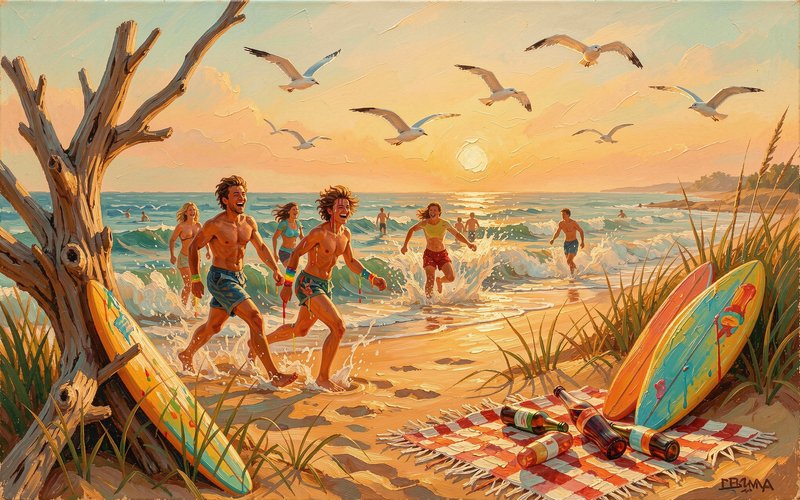 Impressionist oil painting of laughing friends running onto a golden sunset beach, with surfboards, driftwood, and