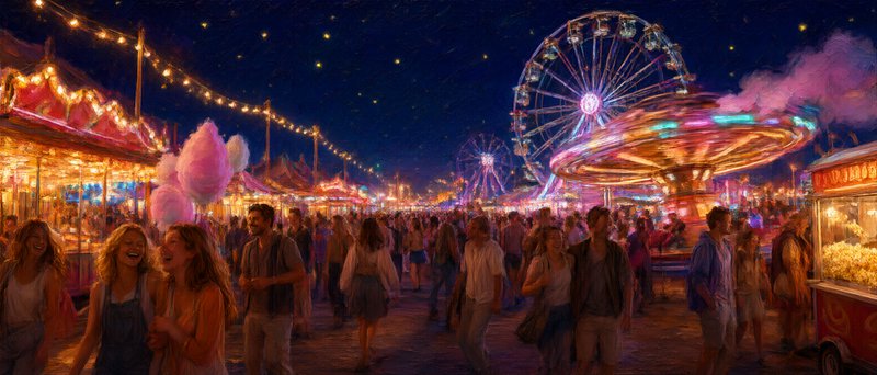 Vibrant nighttime summer carnival with glowing Ferris wheel, spinning rides, string lights, happy crowds, and cotton