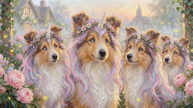Thick impasto oil painting, 4 enchanted fairy Collie puppies portrait. Soft fluffy cute adorable Collie puppies mix with iridescent pastel unicorns manes cascading over their shoulders, wearing a woven wildflower crowns dotted with dewdrops. Gentle beautiful holographic colored eyes hold quiet magic, one tiny pearlescent horn glinting between perked ears. Set in a misty dawn cottage garden, glowing fireflies drift around blushing peonies and climbing ivy. Low golden hour side lighting catches thick raised paint texture, visible brushstrokes giving fur and petals tangible depth. Soft muted pastel palette: blush pink, lavender, sage, honey gold. Dreamy whimsical atmosphere, sharp fine detail on facial features, 4K gallery quality, fairytale illustration aesthetic. Thomas Kinkade