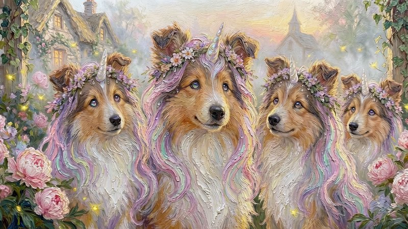 Thick impasto oil painting, 4 cute adorable happy enchanted fairy Collie puppies portrait. Soft fluffy cute adorable happy Collie puppies mix with iridescent pastel unicorns manes cascading over their shoulders, wearing a woven wildflower crowns dotted with dewdrops. Gentle beautiful holographic colored eyes hold quiet magic, one tiny pearlescent horn glinting between perked ears. Set in a misty dawn cottage garden, glowing fireflies drift around blushing peonies and climbing ivy. Low golden hour side lighting catches thick raised paint texture, visible brushstrokes giving fur and petals tangible depth. Soft muted pastel palette: blush pink, lavender, sage, honey gold. Dreamy whimsical atmosphere, sharp fine detail on facial features, 4K gallery quality, fairytale illustration aesthetic. Thomas Kinkade