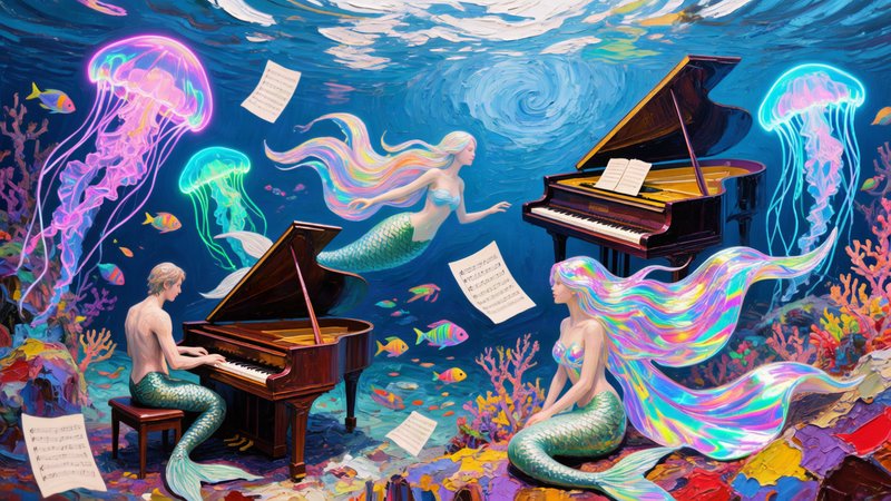 Impasto thick textured heavy knife painting  Underwater merman Pianist artwork — grand pianos beneath the sea, flowing gowns of mermaids, floating rainbow holographic colored hair, colorful fish, coral gardens, glowing neon different vibrant holographic colored jellyfish, drifting sheet music, or a magical performance deep below the surface  in styles of Vincent van Gogh Rembrandt van Rijn Claude Monet Frank Auerbach Anselm Kiefer
