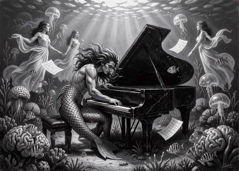 All in Charcoal art black, grey and white, underwater merman pianist performance deep below sun-dappled ocean surface. Merman leans into a weathered black grand piano half-buried in soft coral, hair drifting weightless around focused features. Background mermaids float in billowing silk gowns, schools of tropical fish weave between blooming brain coral gardens, pulsing jellyfish cast shifting glow, loose sheet music drifts slowly through blue water. Blends Van Gogh's swirling motion, Rembrandt's dramatic chiaroscuro, Monet's dappled light, Auerbach's raw thick texture, Kiefer's deep earthy depth. 4K fine art detail, dramatic underwater light filtering from the surface far above.