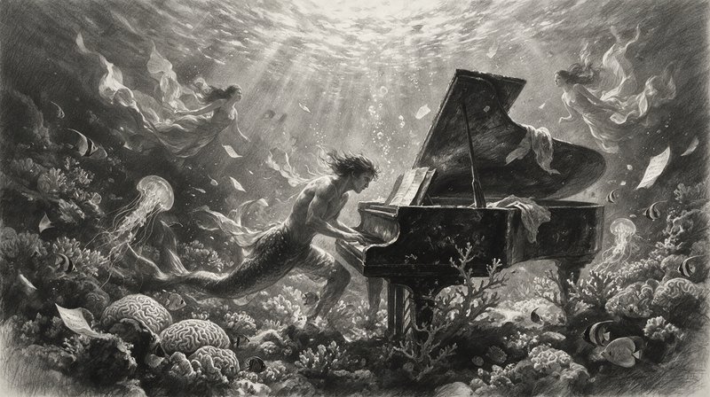 [Black and white fantasy illustration of a merman playing a grand piano on an underwater coral reef, surrounded by floatin...