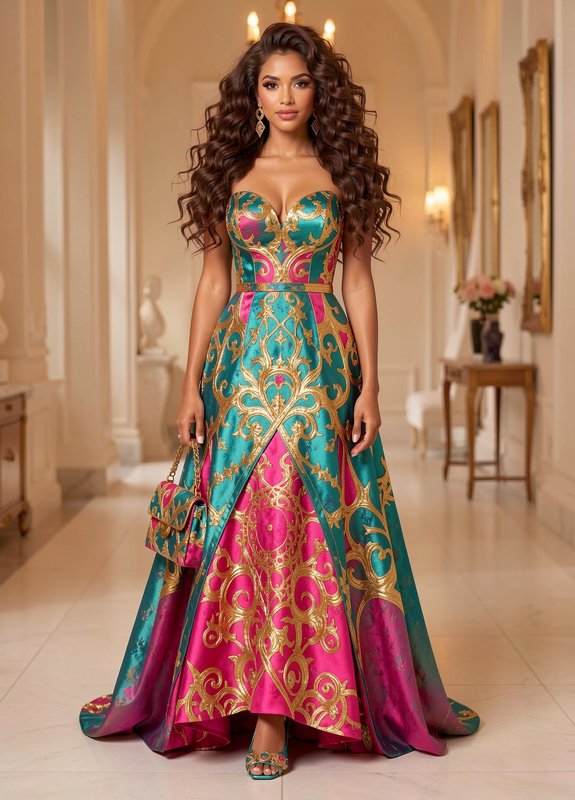 Elegant woman in ornate teal, fuchsia and gold strapless ballgown stands in opulent mansion hallway holding a matching