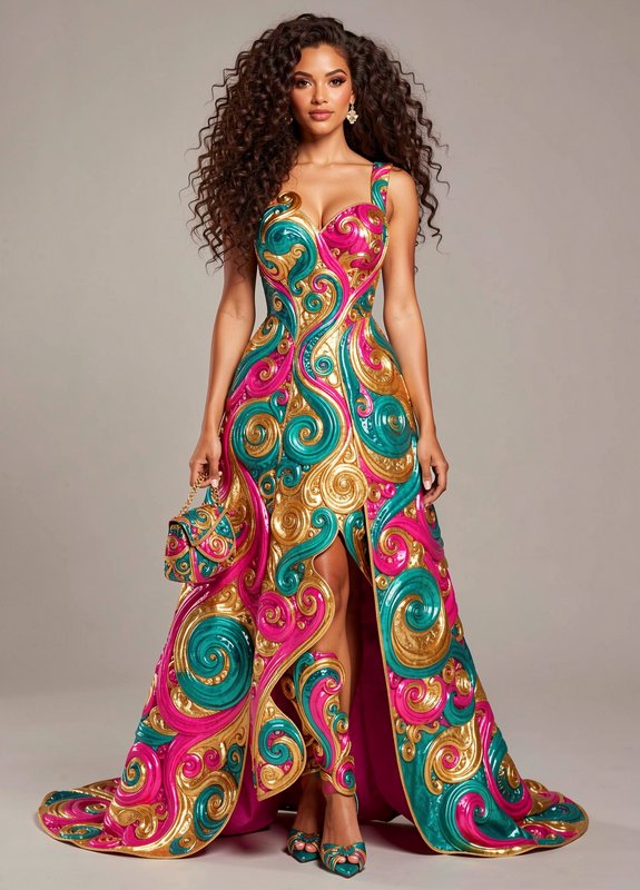 Model poses in vibrant ornate scrollwork couture gown with matching handbag and heels in a studio portrait.