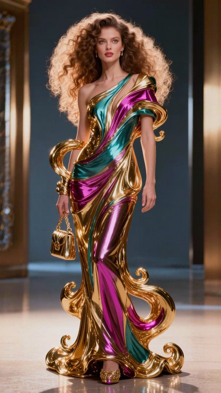 woman model dressed all in liquid chrome fractal swirls and curls art  gown, purse and shoes to match in metallic colors of gold, teal and hot pink beautiful tall voluptuous long curly haired