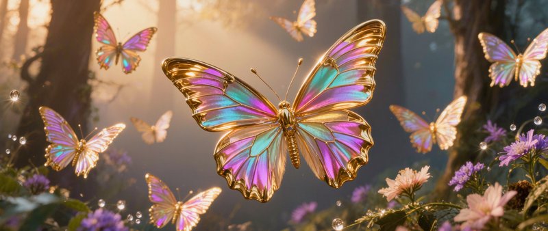 Dozens of delicate monarch and swallowtail butterflies rendered in flawless holographic liquid chrome, swirling fractal iridescent patterns shifting across every wing surface, catching light to gleam with deep metallic gold, electric teal, and neon hot pink.
Warm golden hour side lighting casts soft prismatic rainbows across the scene, glowing misty forest glade background in the luminous, romantic glowing light style of Thomas Kinkade. Tight medium wide framing, crisp sharp details on every fractal swirl, 8K photorealistic rendering, soft bokeh depth of field, rich saturated dreamlike atmosphere, smooth liquid metal texture with flawless reflective surfaces.