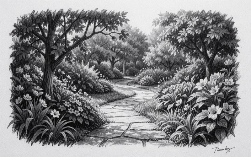 Monochrome pencil sketch of a winding stone garden path flanked by flowering plants and leafy trees.