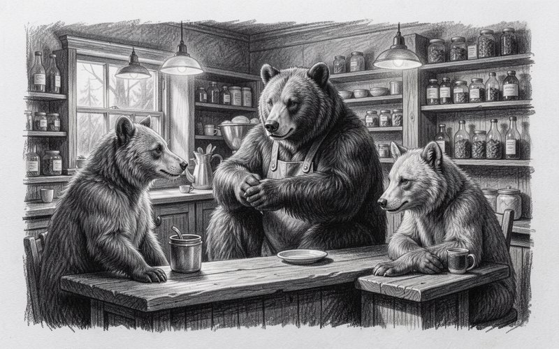 [Black and white pencil illustration of three friendly anthropomorphic bears gathered in a cozy rustic cabin kitchen]