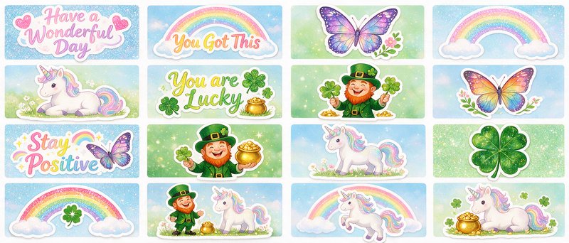Pastel sticker pack grid with positive affirmations, unicorns, leprechauns, rainbows, four-leaf clovers and butterflies