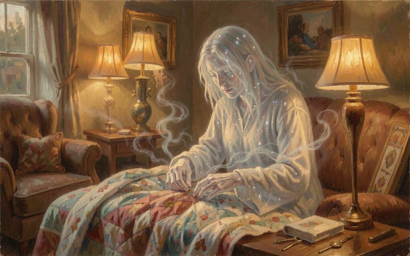 [Translucent ghostly woman stitching a patchwork quilt in a warm lamplit vintage living room, painterly fantasy art]