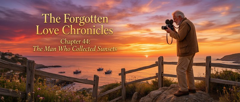 [Elderly man with vintage film camera captures vivid coastal sunset, with The Forgotten Love Chronicles chapter title over...