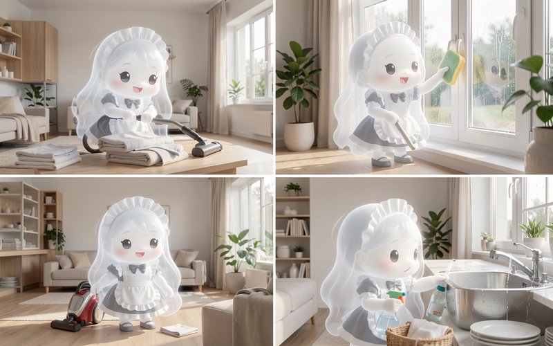 [Four panel grid of a cute translucent chibi ghost maid performing home cleaning tasks in a bright sunlit modern home]