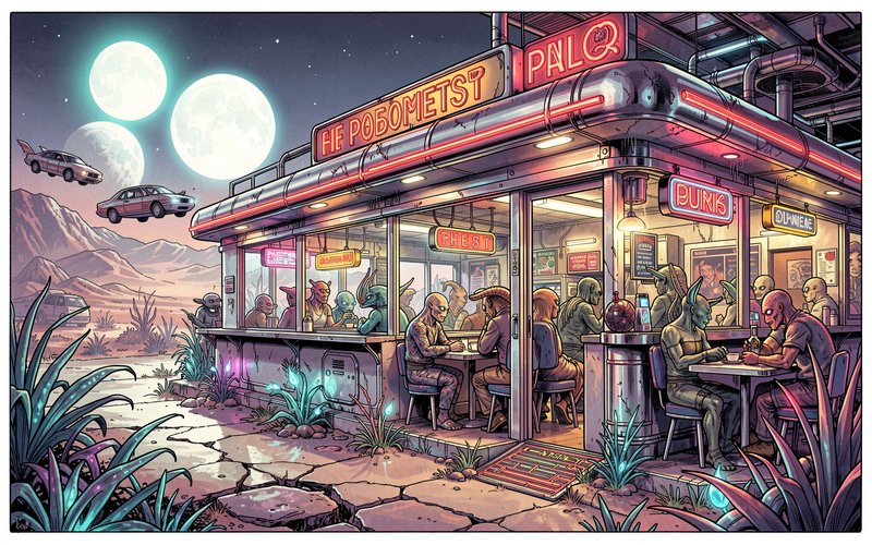 [Retro-futuristic sci-fi diner on an alien desert planet, populated by aliens, with three full moons and flying hover cars]