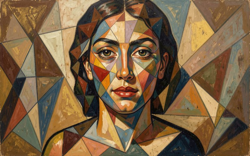 Faceted cubist portrait of a woman, constructed from overlapping triangular geometric shapes in a warm, muted multi-color ...