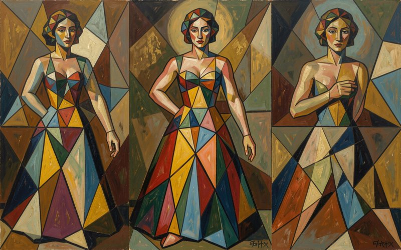 [Cubist triptych painting of three stylized geometric female portraits set against faceted triangular backgrounds]