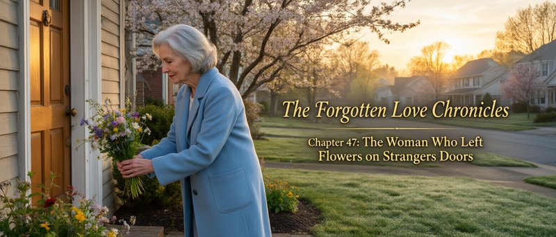 [Elderly woman places a wildflower bouquet on a suburban front porch at golden sunrise, with story chapter title text over...