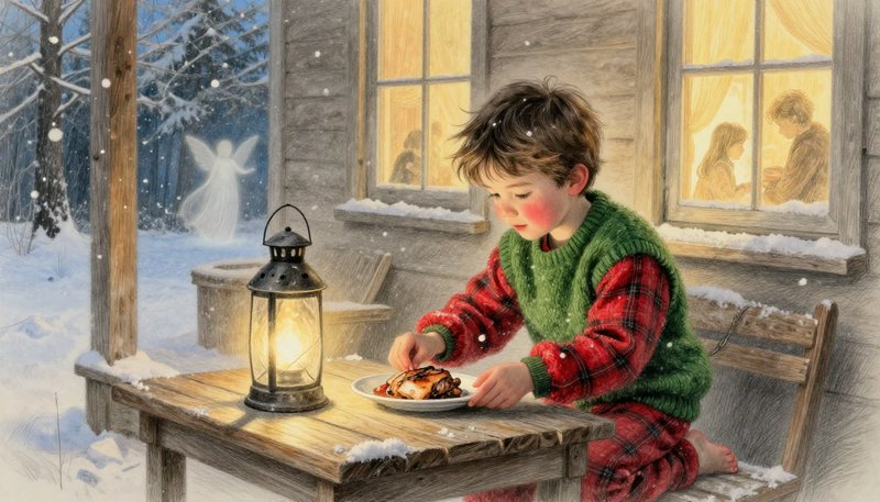 Young boy in festive pajamas eats on a snowy cabin porch beside a glowing lantern, with a winged angel in falling winter