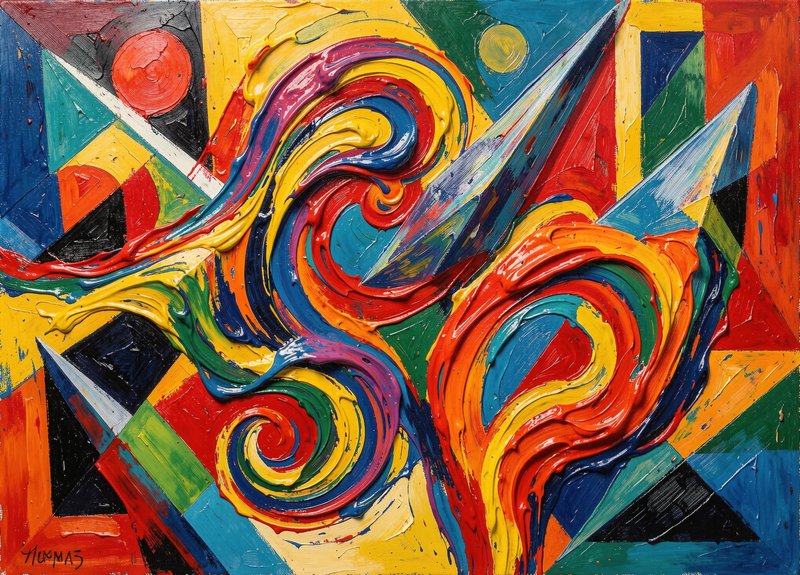Thick impasto abstract painting with swirling rainbow textured forms layered over bold angular geometric background