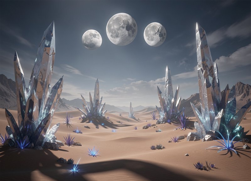 Surreal alien desert landscape with giant translucent crystal spires and three full moons hanging in a dusky clouded sky.