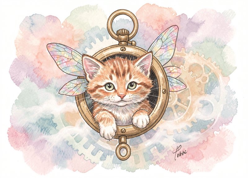 Whimsical watercolor of a ginger tabby fairy kitten peeking out from a brass pocket watch with iridescent wings.