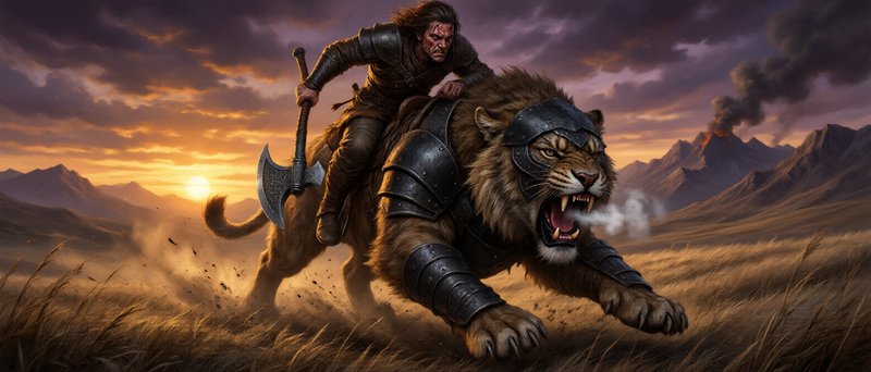 Scarred armored warrior with a battle axe rides a roaring armored saber-tooth cat across grasslands at sunset, erupting vo...