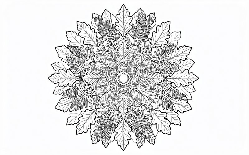Black and white symmetrical nature mandala featuring oak leaves, ferns, and wild mushrooms for coloring.