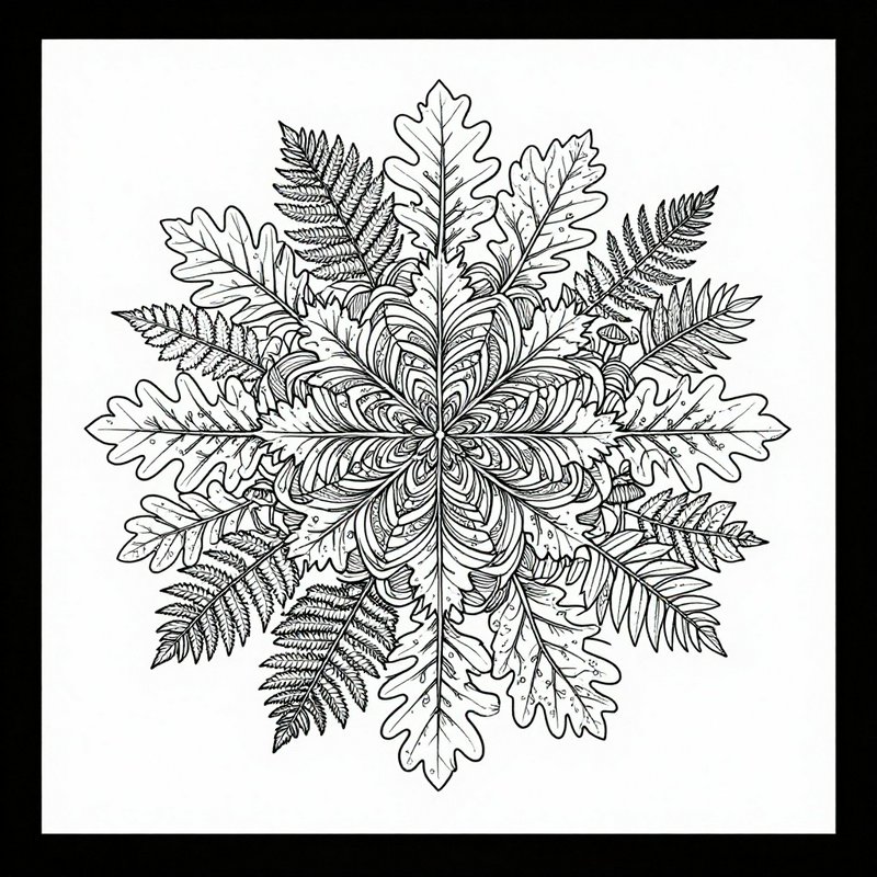 Symmetrical black and white line art botanical mandala made of oak leaves, fern fronds, and forest foliage arranged in a r...