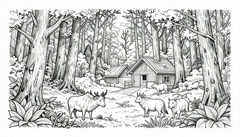 Black and white line art of a forest clearing with log cabins, unique horned woodland animals, and tall old-growth trees.