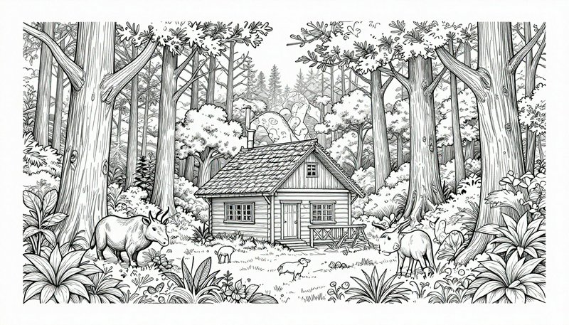 [Monochrome line art of a cozy log cabin in a forest clearing, with grazing wild animals and tall surrounding trees]