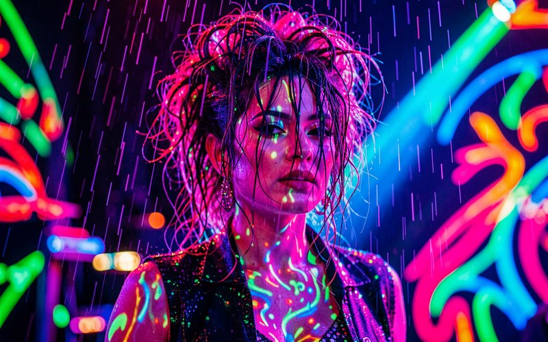 [Close-up portrait of a woman with wet messy hair standing in rain, lit by bright vibrant neon cyberpunk lighting]