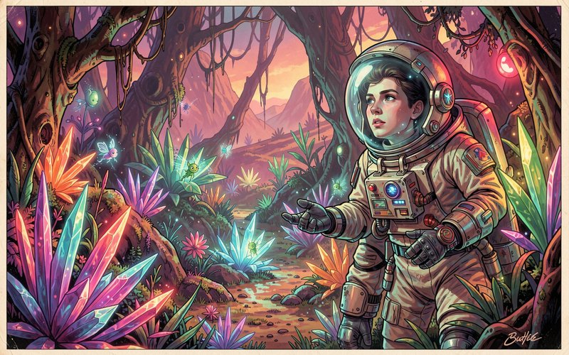 [Wide-eyed astronaut explores a lush alien forest filled with glowing multicolored crystals and tiny bioluminescent sprites]